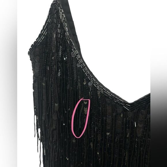 90’s Jacqueline Ferrar 100% Silk Beaded Fringe Black Dress Sleeveless Cocktail - Picture 15 of 16